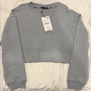 Zara Gray Beaded Crew Neck Sweater